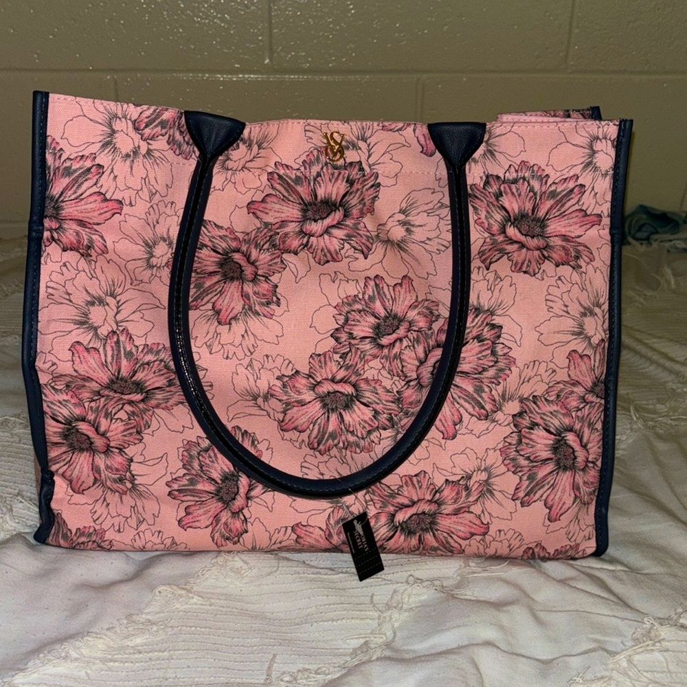 Victoria’s Secret pink tote with grey flowers
